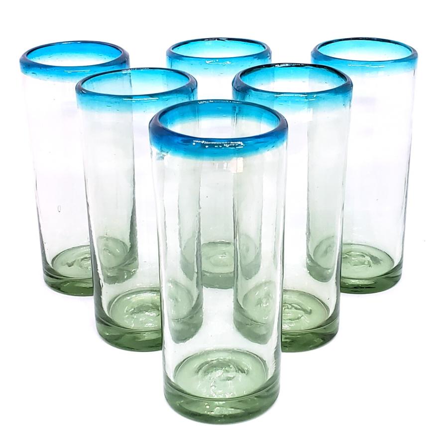Aqua Blue Rim 15 oz Highball Glasses (set of 6)
